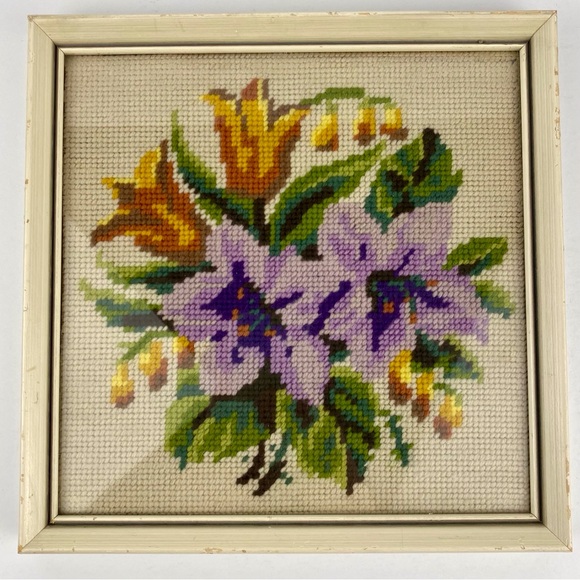 Vintage Framed Square Floral Needlepoint 9x9 inch Pastel Stitched Wall Art - Picture 1 of 7